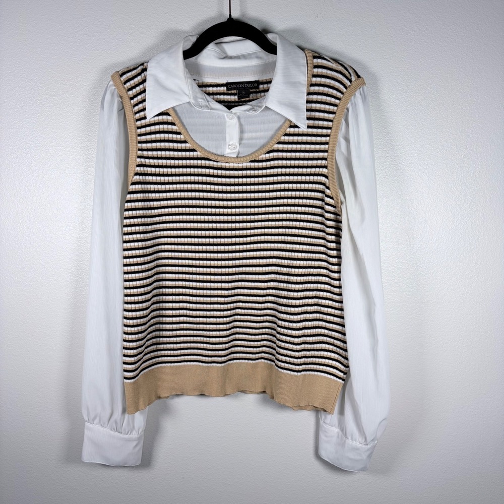 Carolyn Taylor Womens XL Striped Sweater Vest Layered Look Top Tan Black White